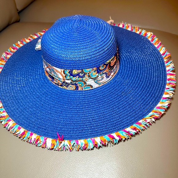 Gorgeous Blue Sun Hat with Colorful Edging and Scarf By Lucky 7 - EUC - - Picture 4 of 5